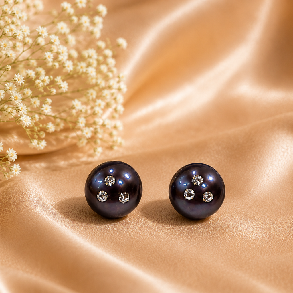 Black Silver Pearl Stud Earrings – Triple Stone Design