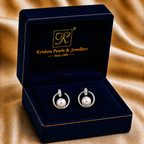 Silver Pearl Hoop Earrings with Stone-Studded Tops | Krishna Pearls and Jewellers
