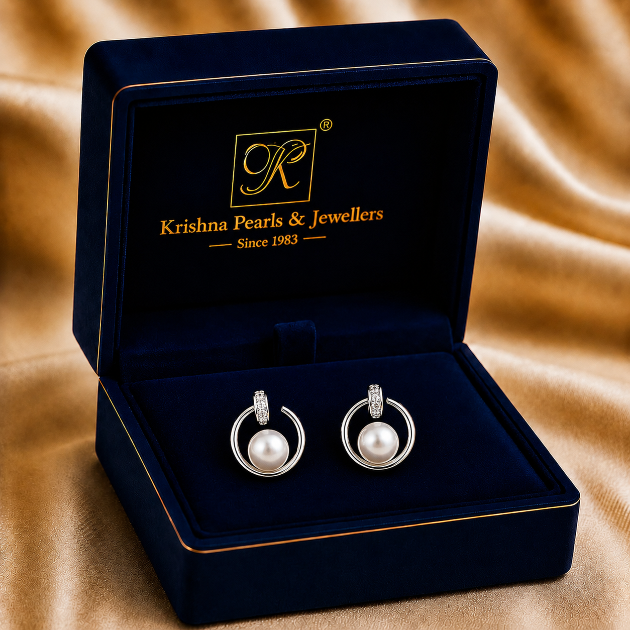Silver Pearl Hoop Earrings with Stone-Studded Tops | Krishna Pearls and Jewellers