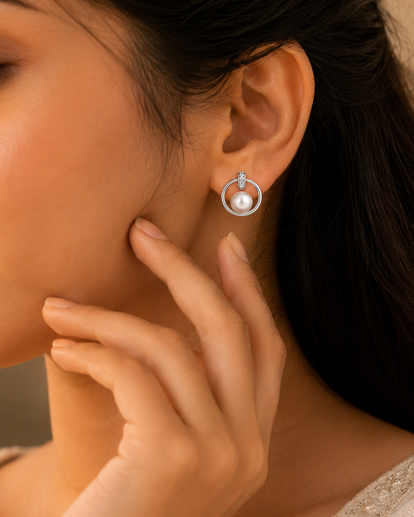 Silver Pearl Hoop Earrings with Stone-Studded Tops | Krishna Pearls and Jewellers