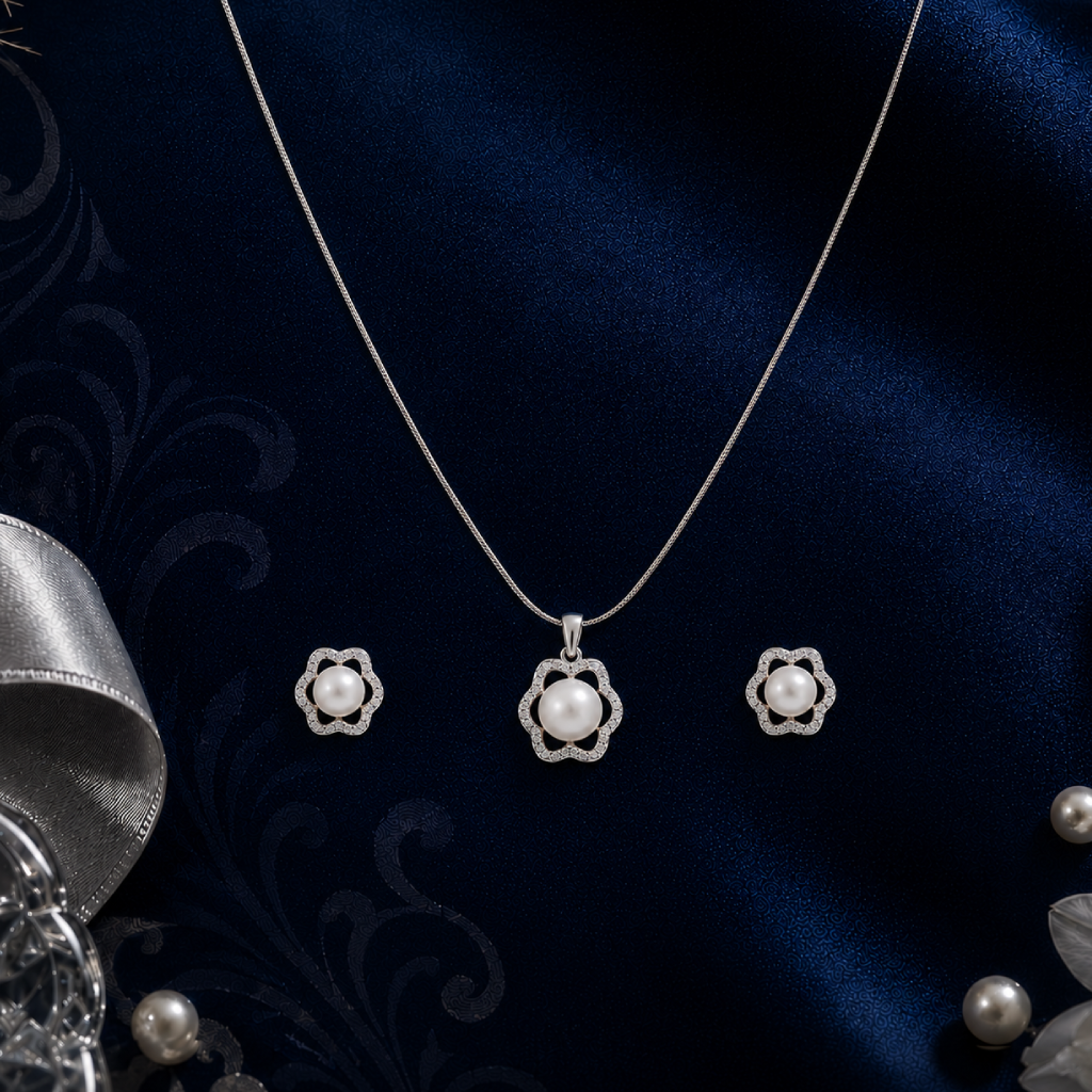 Floral Wave Pearl Set – CZ Framed ROUND | Krishna Pearls and Jewellers