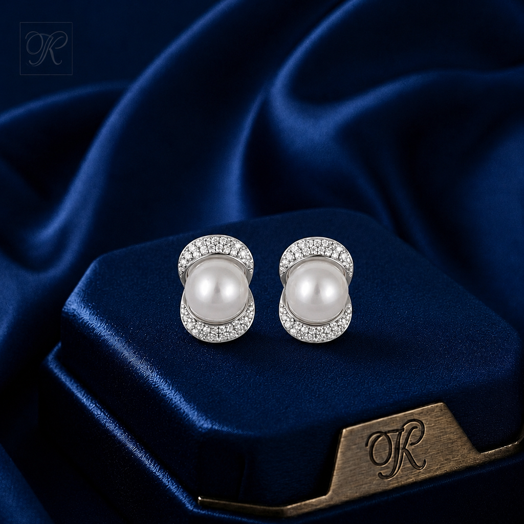 Radiant Embrace Pearl Stud Earrings with CZ | Krishna Pearls and Jewellers