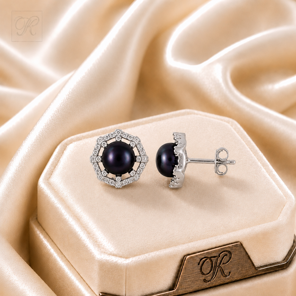 Sterling Silver CZ Pearl Round Studs | Krishna Pearls and Jewellers