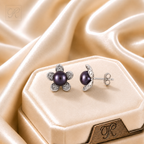 Silver Leaf Design Black Pearl Earrings | Krishna Pearls and Jewellers
