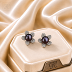 Silver Leaf Design Black Pearl Earrings | Krishna Pearls and Jewellers