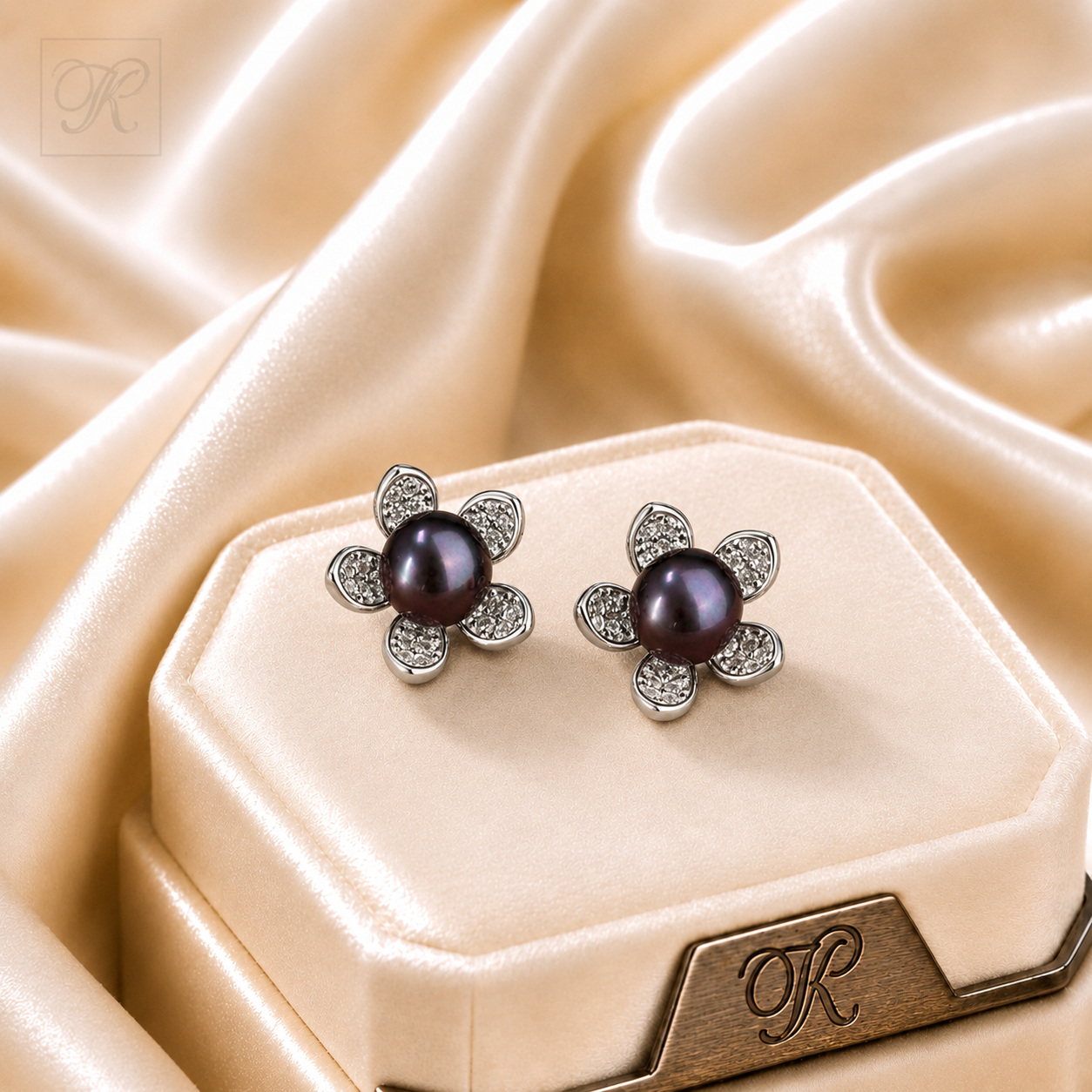 Silver Leaf Design Black Pearl Earrings | Krishna Pearls and Jewellers