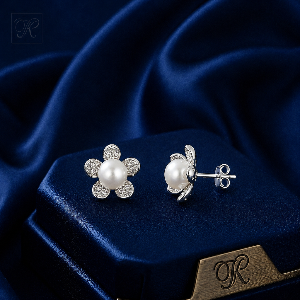 Silver Pearl Stud Earrings with CZ | Krishna Pearls and Jewellers