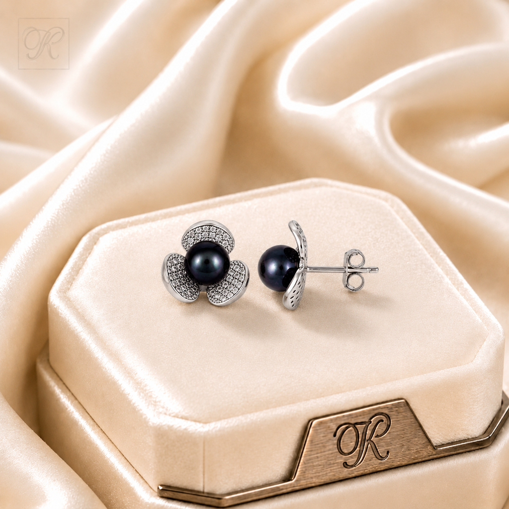 Silver Colour Pearl Studs Earrings | Krishna Pearls and Jewellers