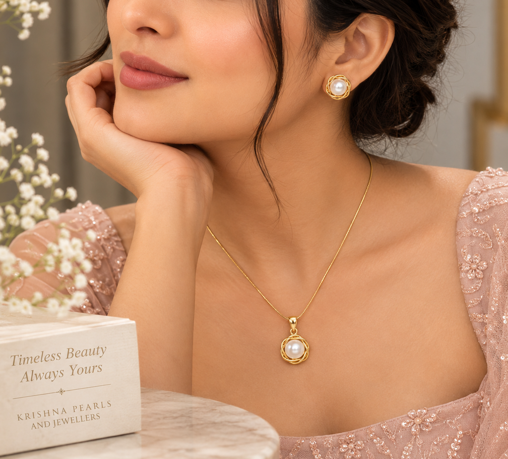 Pearl Pendant & Earrings Set for Women | Krishna Pearls and Jewellers