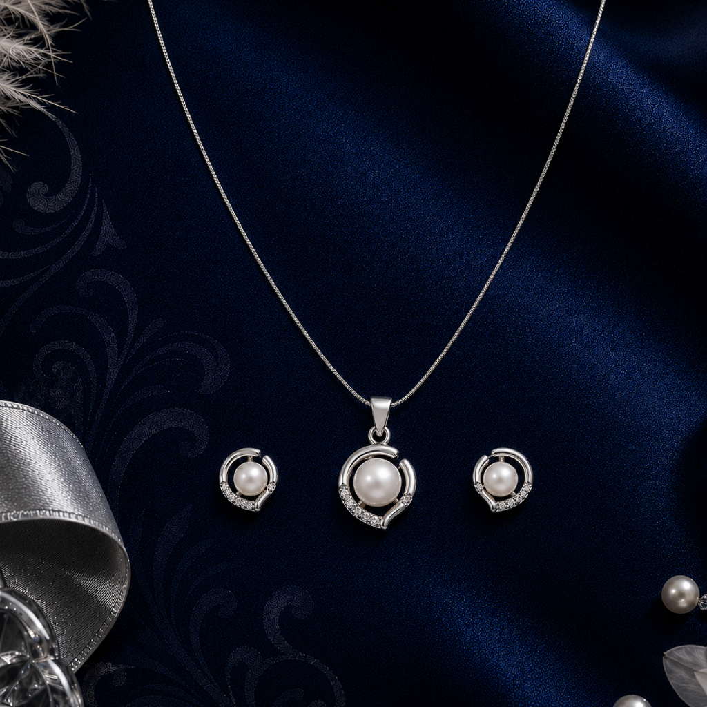 Lunar Grace ROUND Pearl Pendant & Earrings | Krishna Pearls and Jewellers