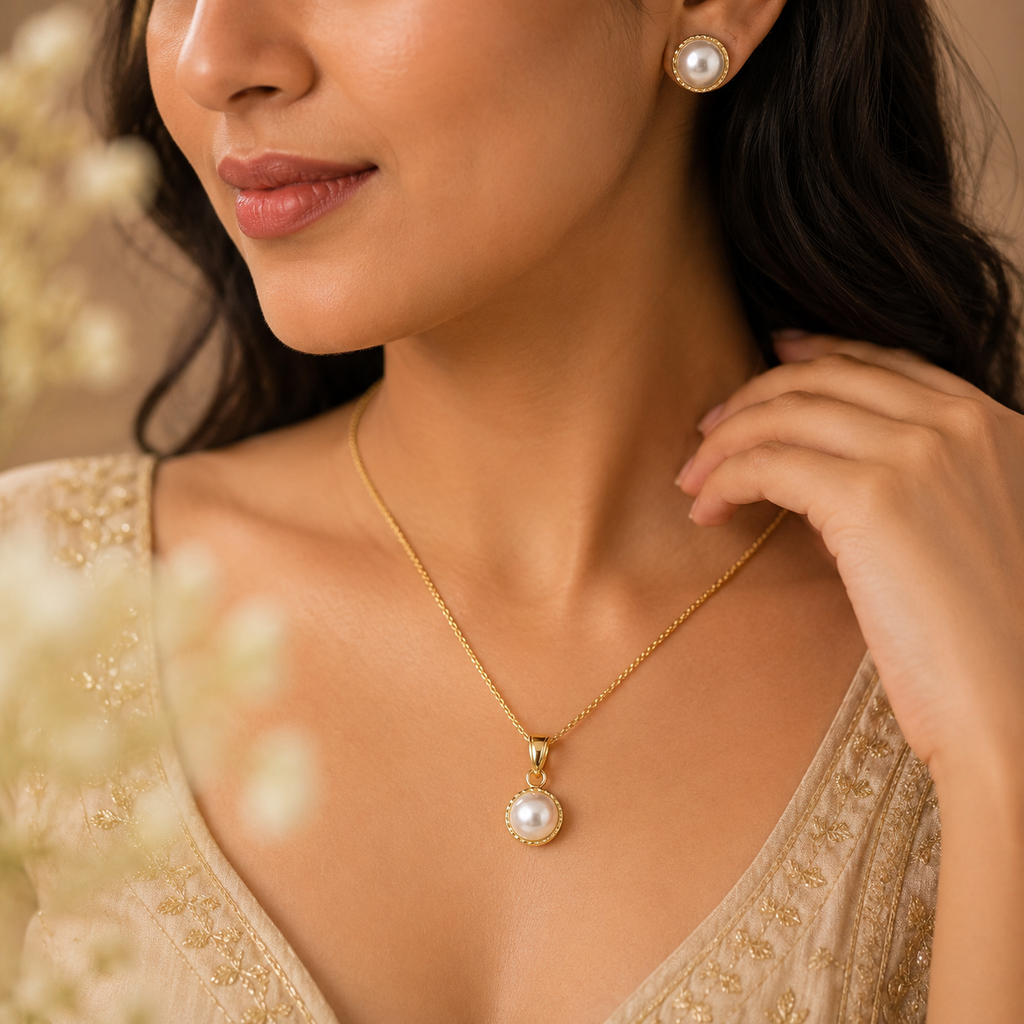 Silver Pearl Stud Earrings & Pendant Set – Gold-Tone Design