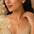 Silver Pearl Stud Earrings & Pendant Set – Gold-Tone Design