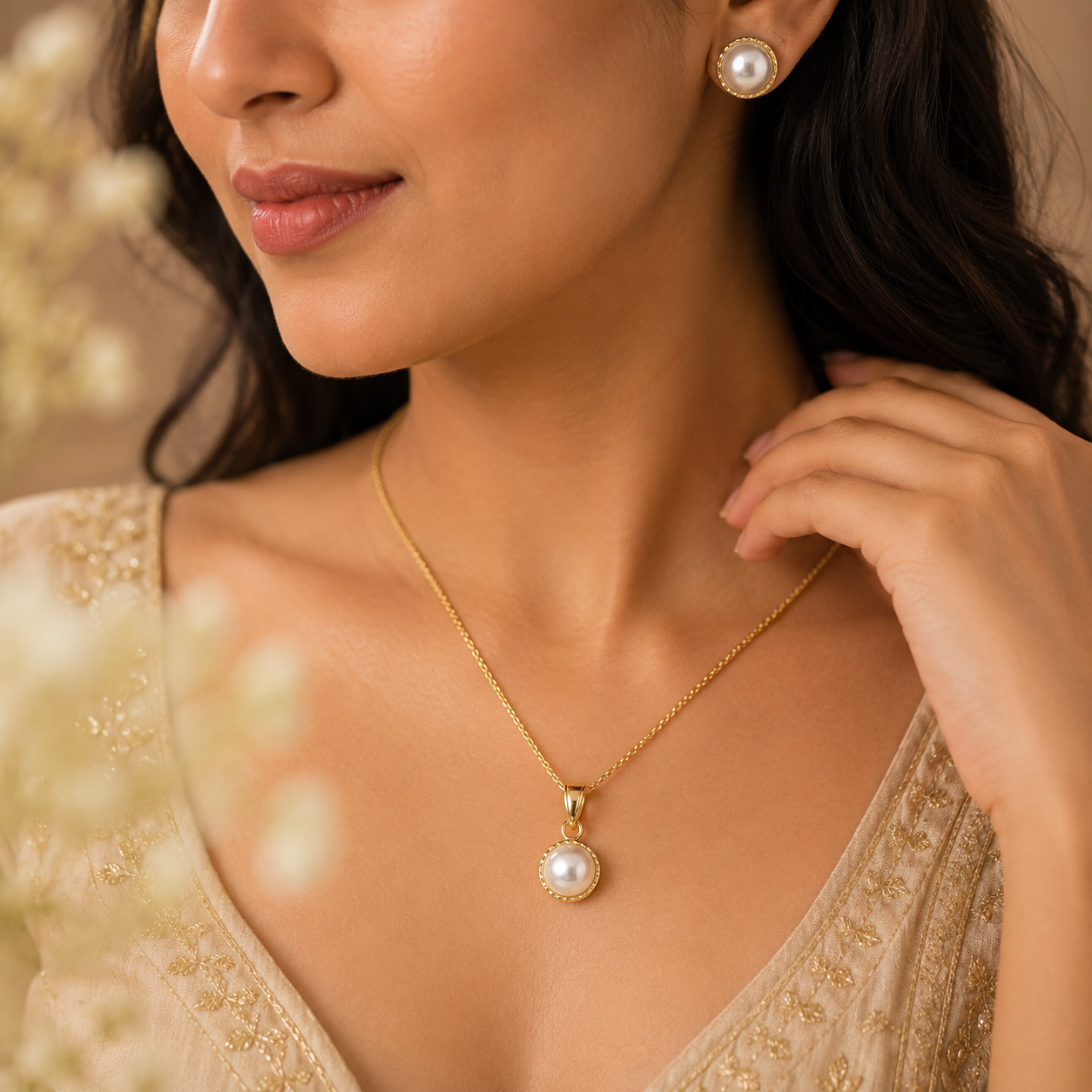Silver Pearl Stud Earrings & Pendant Set – Gold-Tone Design