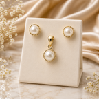 Silver Pearl Stud Earrings & Pendant Set – Gold-Tone Design