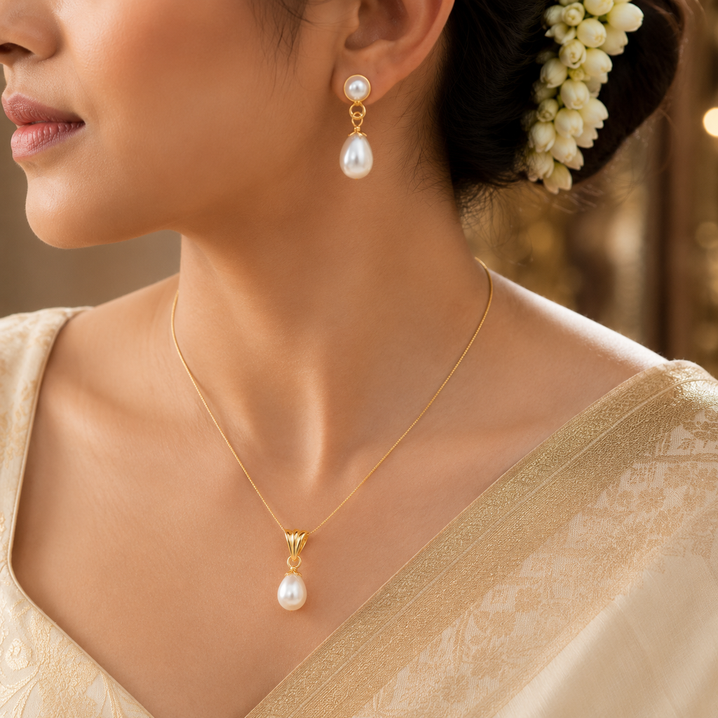 Elegant Silver Pearl Earrings & Pendant Set – Yellow Polish | Krishna Pearls & Jewellers