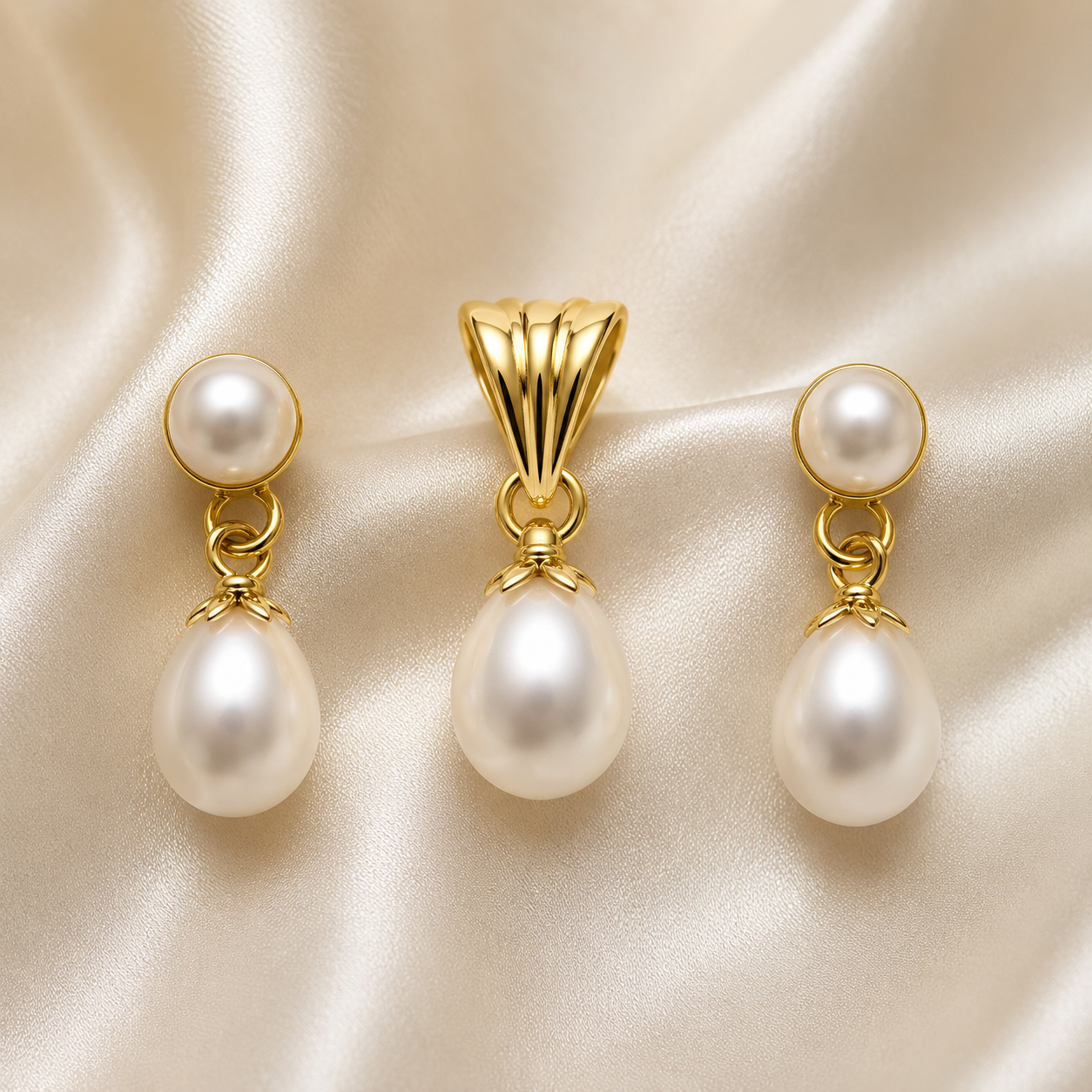Elegant Silver Pearl Earrings & Pendant Set – Yellow Polish | Krishna Pearls & Jewellers