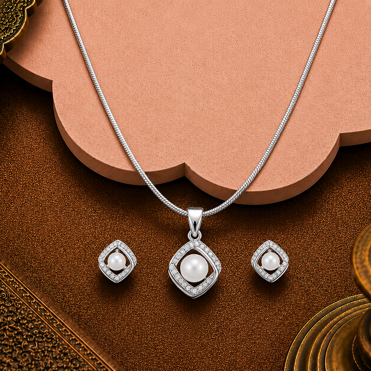 Diamond Frame White Pearl Ensemble | Krishna Pearls and Jewellers