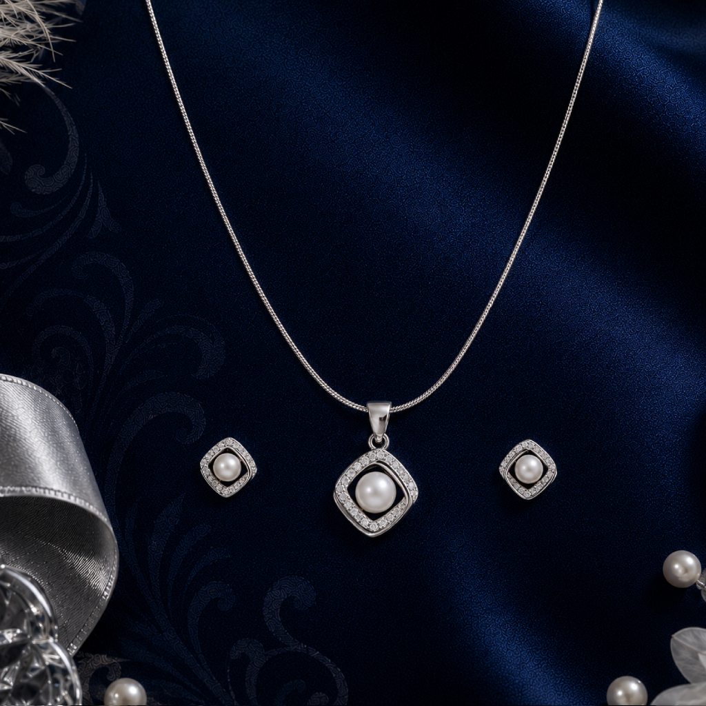 Diamond Frame White Pearl Ensemble | Krishna Pearls and Jewellers