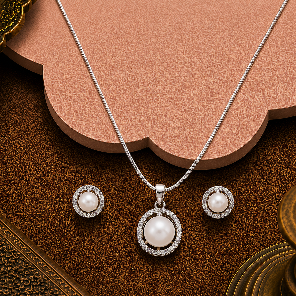 Luminous Halo Pearl Set – CZ Framed ROUND | Krishna Pearls and Jewellers