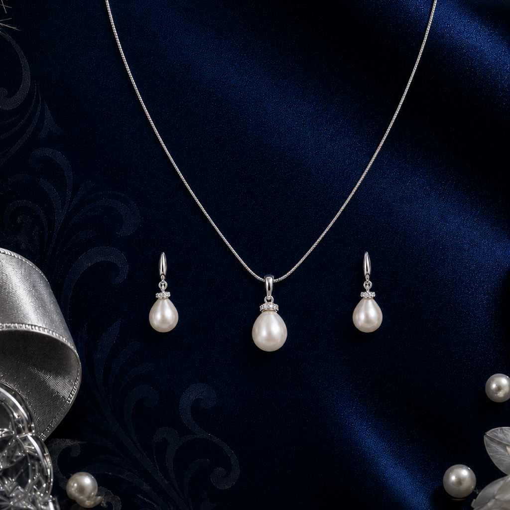 Classic Cream Drop Pearl Set Freshwater | Krishna Pearls and Jewellers