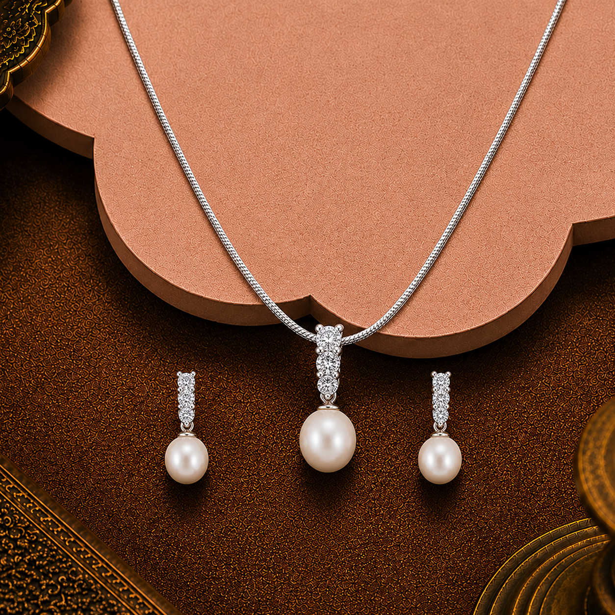 Radiant Trio CZ ROUND Pearl Set – Silver | Krishna Pearls and Jewellers