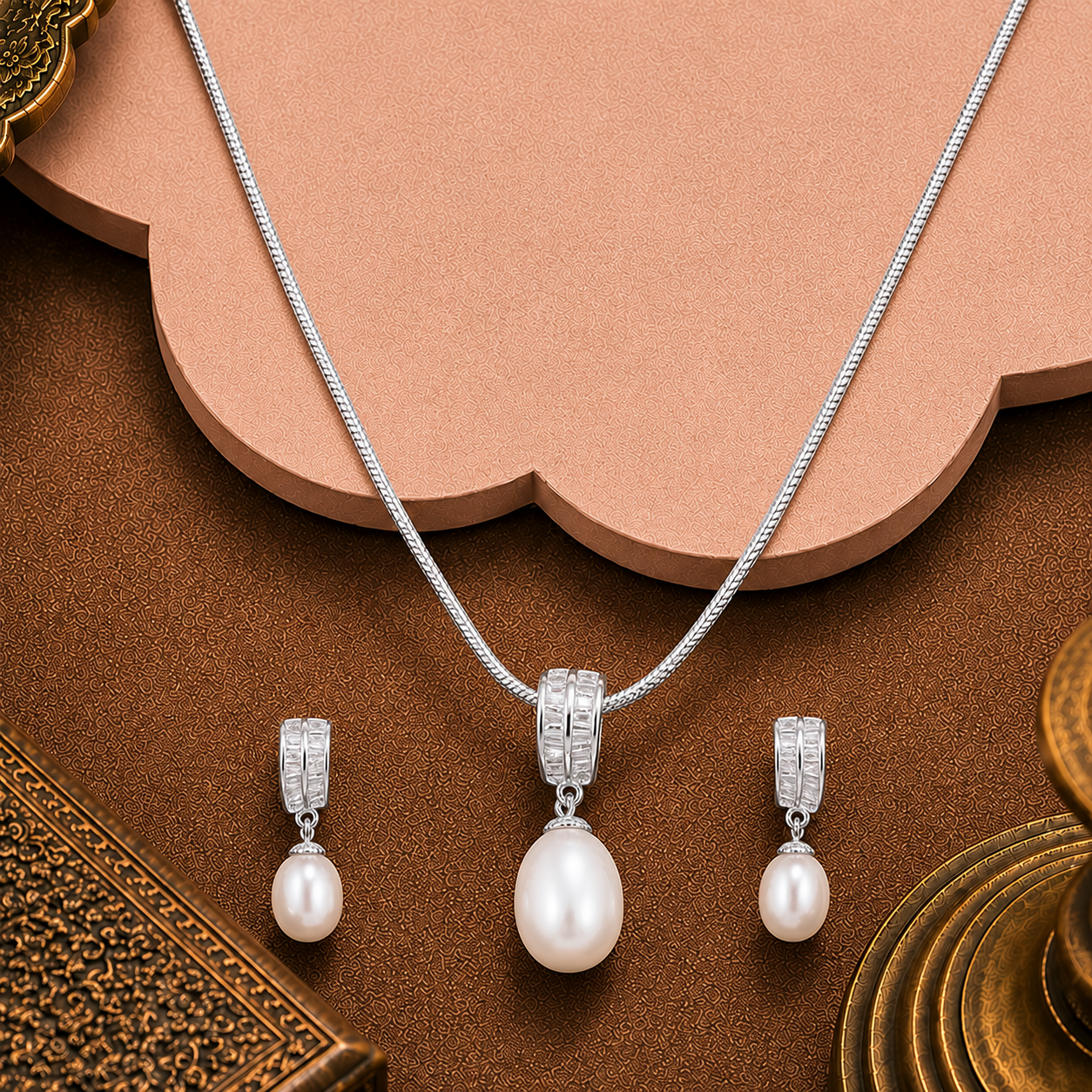 Radiant Drop Pearl Set – CZ Double-Band | Krishna Pearls and Jewellers