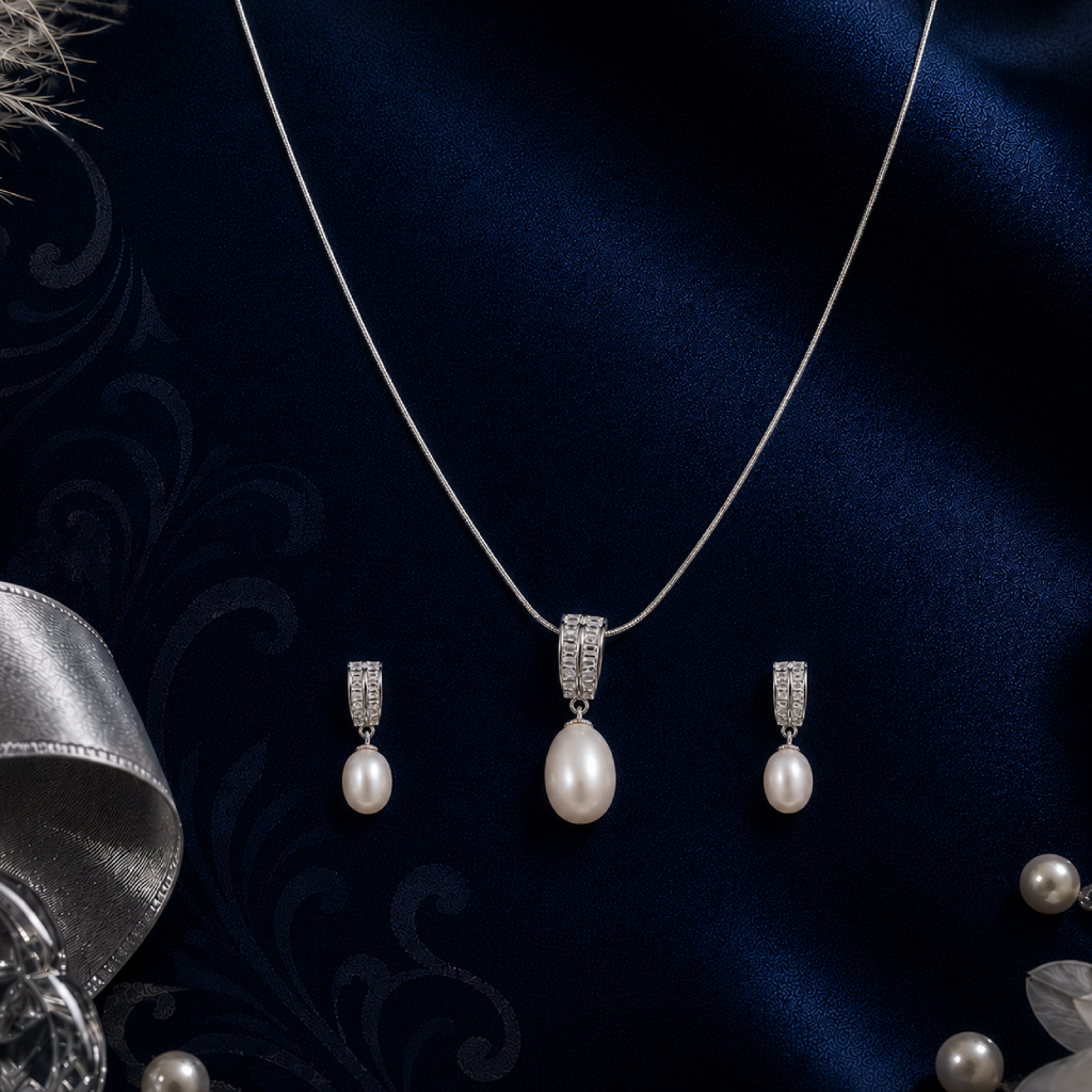 Radiant Drop Pearl Set – CZ Double-Band | Krishna Pearls and Jewellers