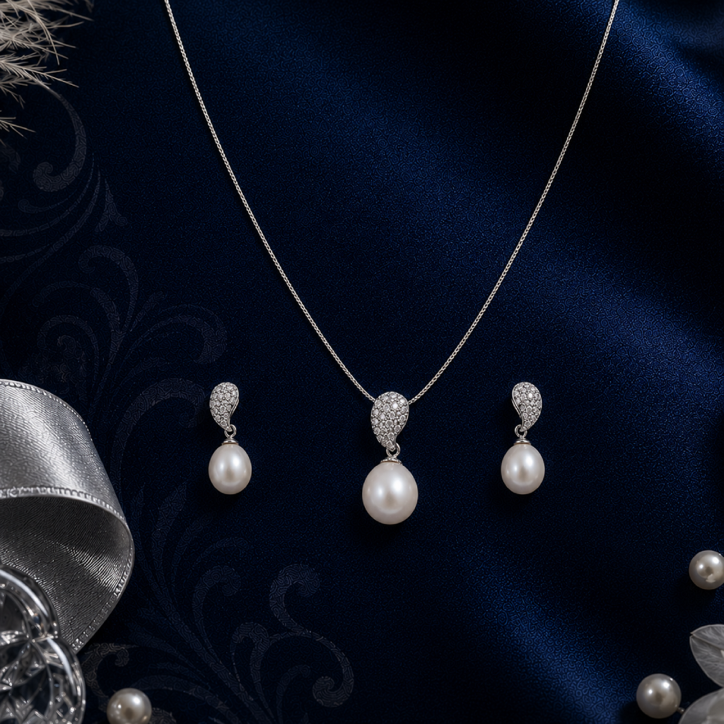 Ivory Grace Teardrop Pearl Set – CZ Paisley | Krishna Pearls and Jewellers