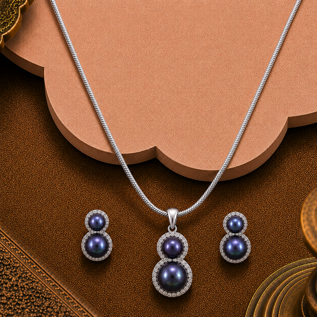 Midnight Cascade Blue Pearl Set – Dual Drop — view 1 — pearl jewellery — Krishna Pearls Hyderabad