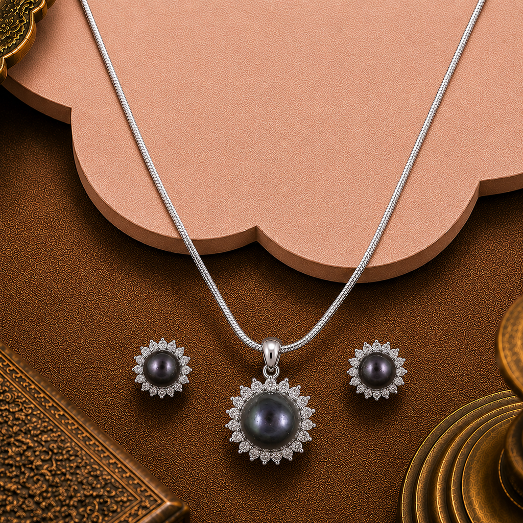 Mocha Glow Pearl Set –BROWN Pearls with CZ — view 1 — pearl jewellery — Krishna Pearls Hyderabad