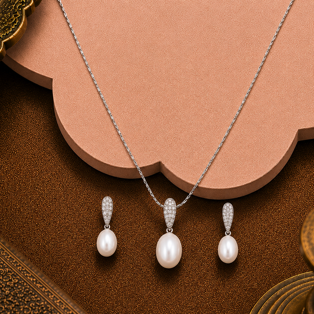 Ivory Drop Pearl Set – CZ Teardrop Elegance | Krishna Pearls and Jewellers