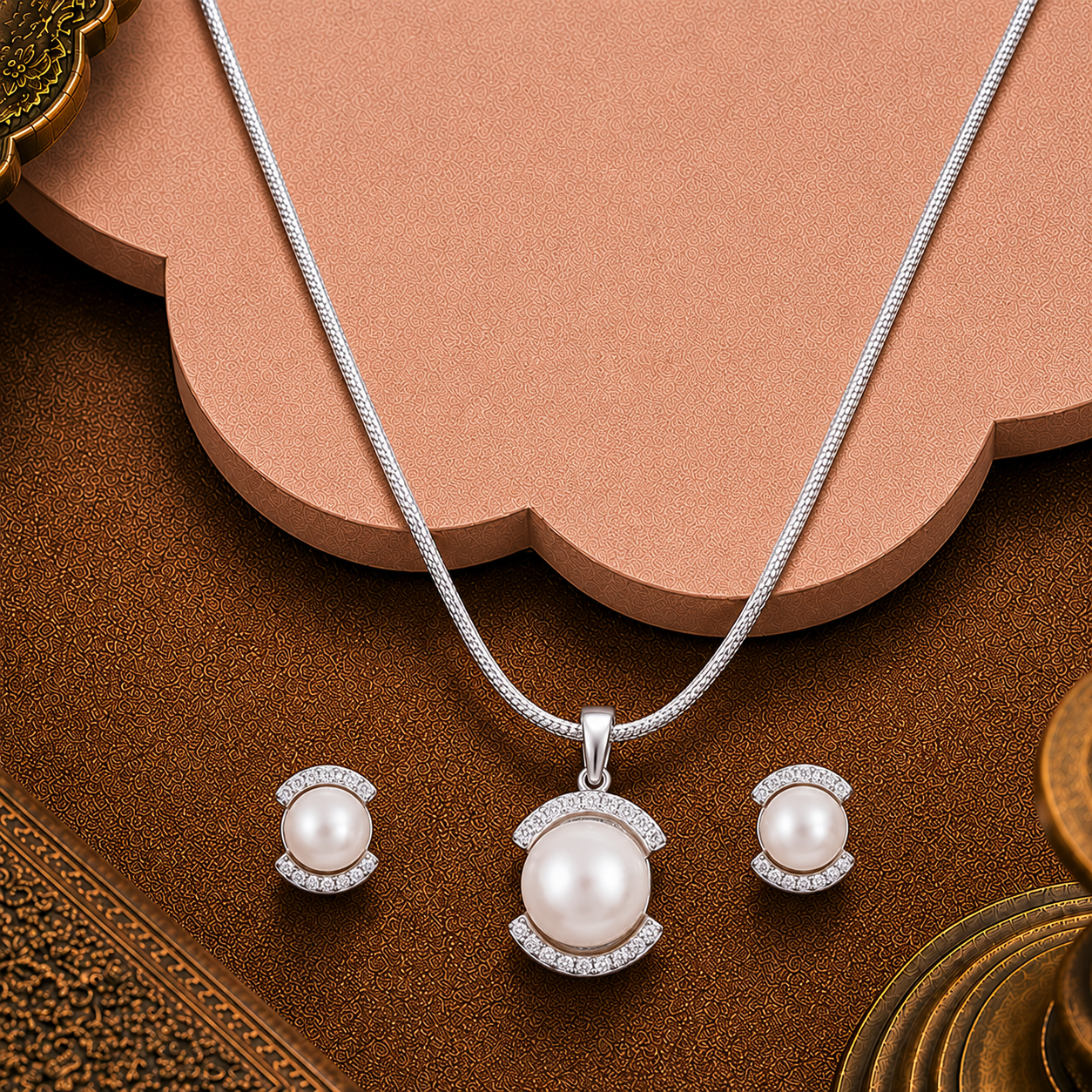 Crescent Charm Pearl Set – CZ-Kissed Creamy | Krishna Pearls and Jewellers