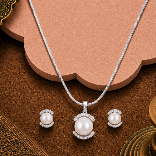 Crescent Charm Pearl Set – CZ-Kissed Creamy — view 2 — pearl jewellery — Krishna Pearls Hyderabad