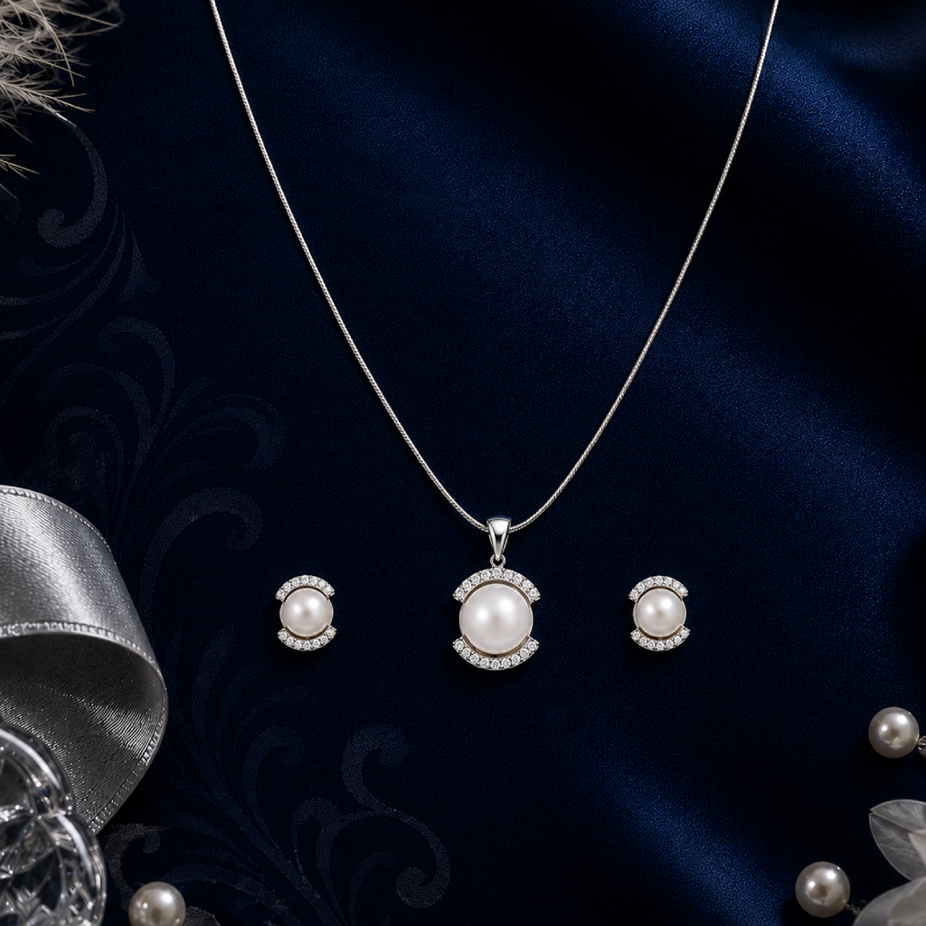 Crescent Charm Pearl Set – CZ-Kissed Creamy | Krishna Pearls and Jewellers