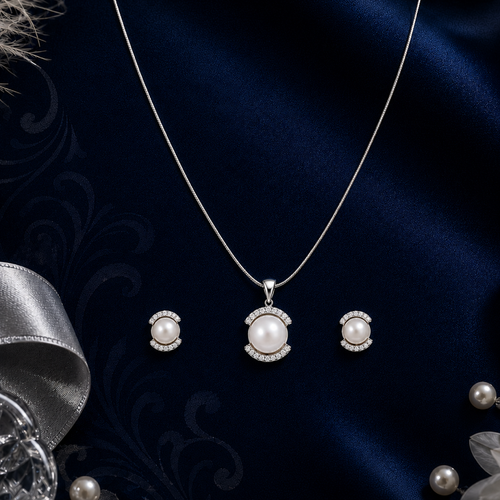 Crescent Charm Pearl Set – CZ-Kissed Creamy — view 1 — pearl jewellery — Krishna Pearls Hyderabad