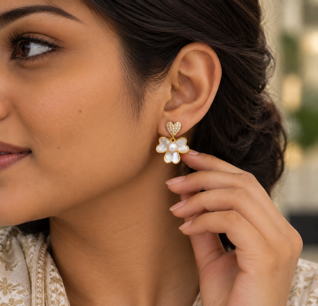 Heart Bloom Pearl Floral Drop Earrings for Women – Elegant Gold-Tone Design | Krishna Pearls & Jewellers