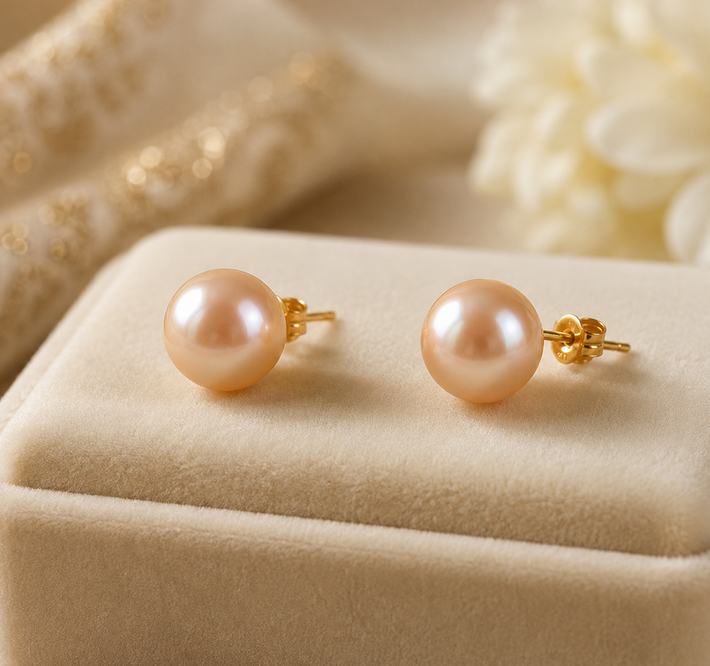 Elegant Peach Pearl Stud Earrings for Women | Krishna Pearls and Jewellers