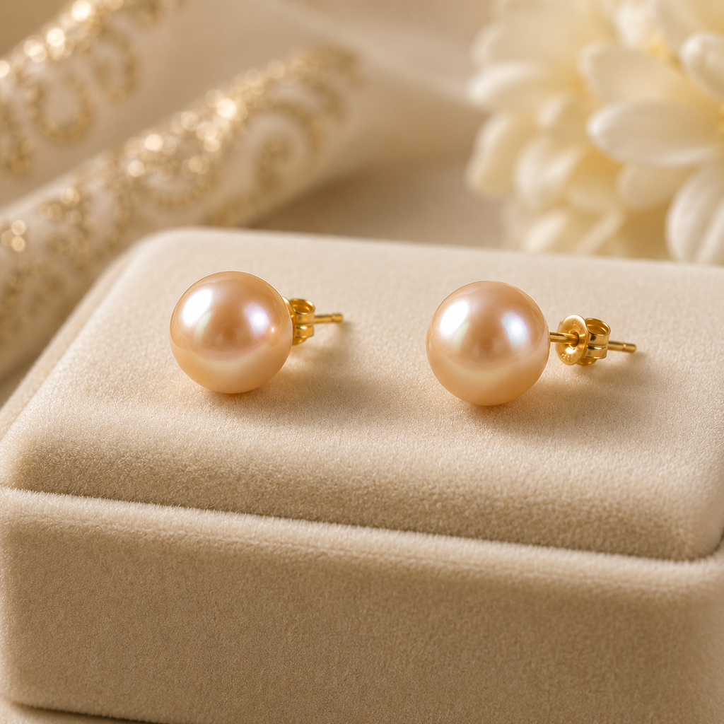 Elegant Peach Pearl Stud Earrings for Women | Krishna Pearls and Jewellers