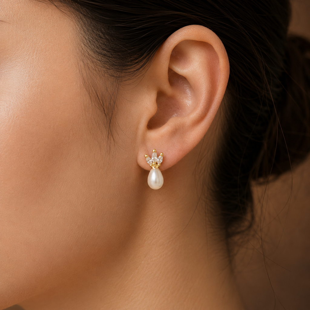 Statement Freshwater Pearl & CZ Stud Earrings in Gold | Pearl Earrings for Women | Krishna Pearls & Jewellers