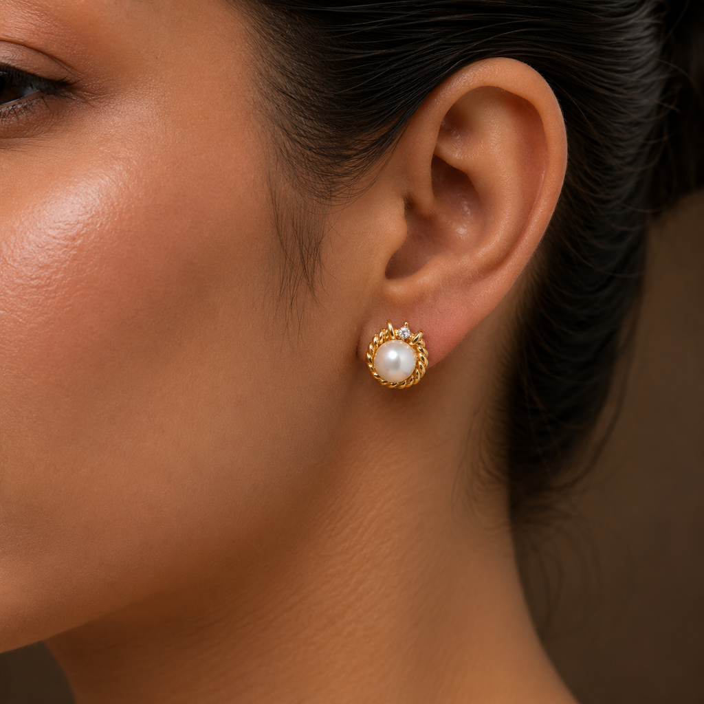 Graceful Freshwater Pearl Stud Earrings in Gold | Pearl Earrings for Women | Krishna Pearls & Jewellers