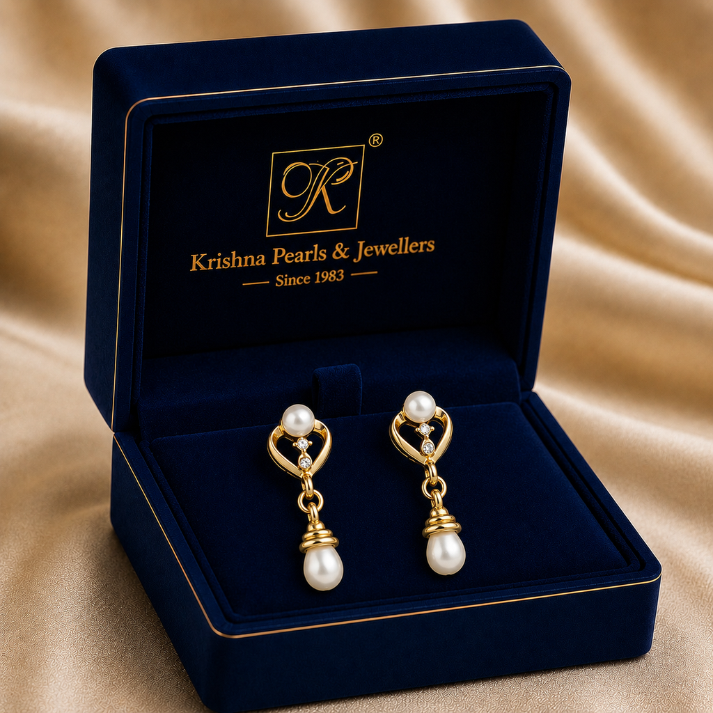 Boho White Pearl & CZ Drop Earrings in Gold | Pearl Earrings for Women | Krishna Pearls & Jewellers