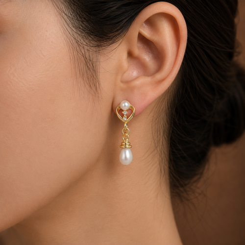 Boho White Pearl & CZ Drop Earrings in Gold | Pearl Earrings for Women | Krishna Pearls & Jewellers