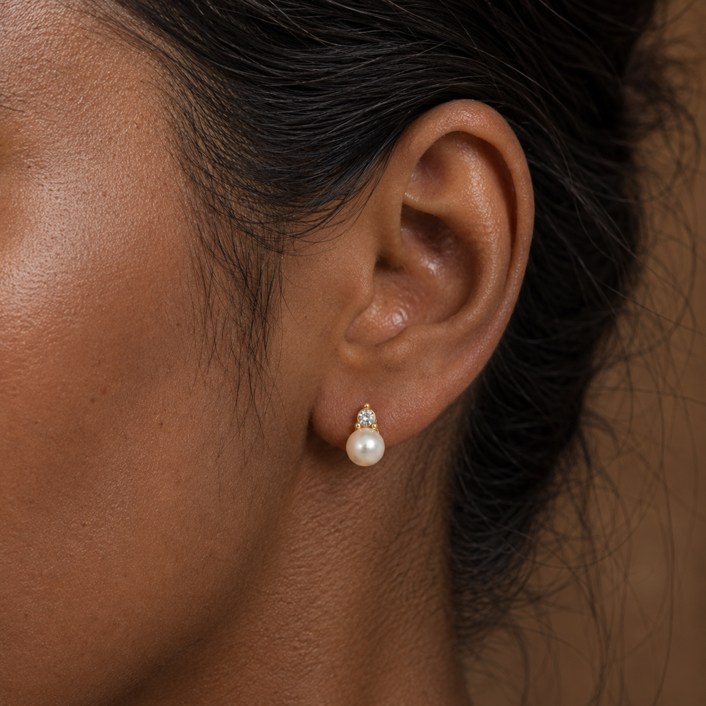Dainty Freshwater Pearl & CZ Stud Earrings in Gold | Pearl Earrings for Women | Krishna Pearls & Jewellers