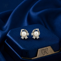 Minimalist White Polish White Pearl & CZ Stud Earrings in Silver Tone | Pearl Earrings for Women | Krishna Pearls & Jewellers