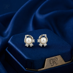 Minimalist White Polish White Pearl & CZ Stud Earrings in Silver Tone | Pearl Earrings for Women | Krishna Pearls & Jewellers