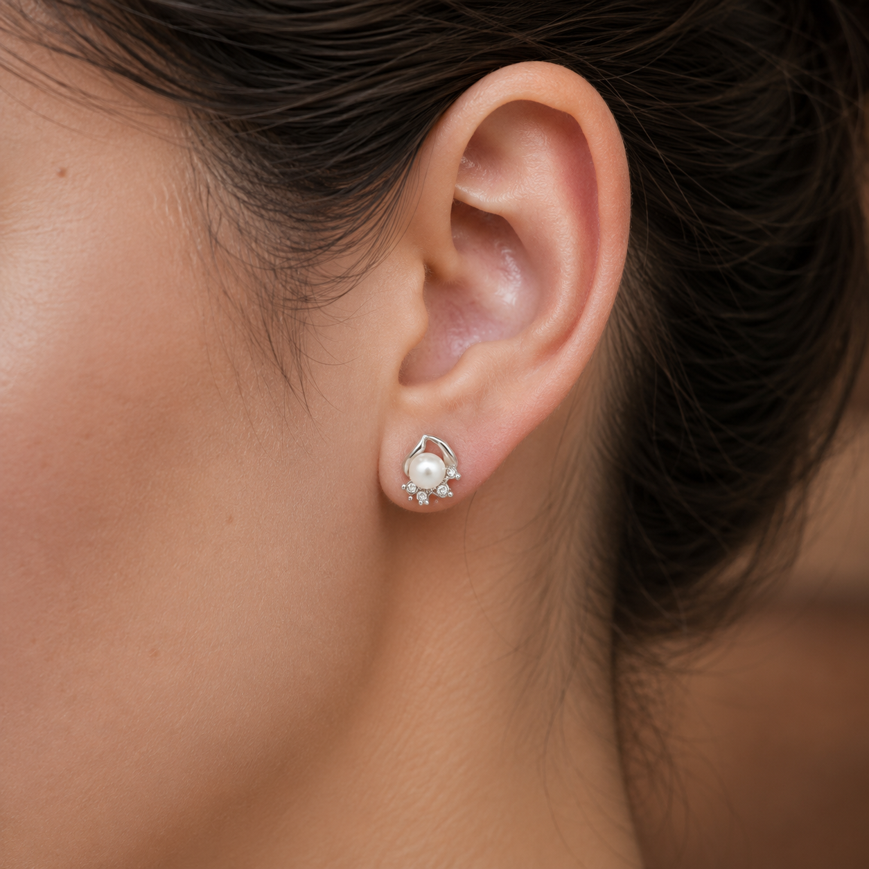 Minimalist White Polish White Pearl & CZ Stud Earrings in Silver Tone | Pearl Earrings for Women | Krishna Pearls & Jewellers