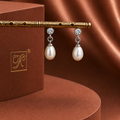 Chic White Polish White Pearl & CZ Drop Earrings in Silver Tone | Pearl Earrings for Women | Krishna Pearls & Jewellers