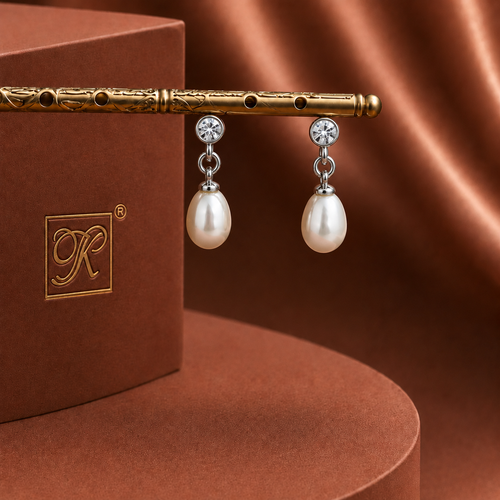 Chic White Polish White Pearl & CZ Drop Earrings in Silver Tone | Pearl Earrings for Women | Krishna Pearls & Jewellers