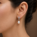 Chic White Polish White Pearl & CZ Drop Earrings in Silver Tone | Pearl Earrings for Women | Krishna Pearls & Jewellers