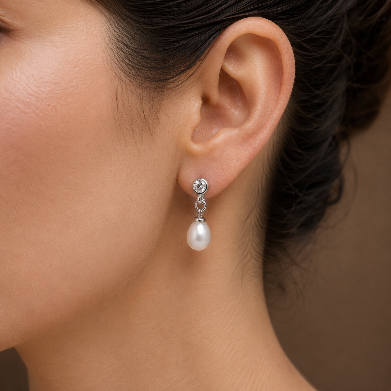 Chic White Polish White Pearl & CZ Drop Earrings in Silver Tone | Pearl Earrings for Women | Krishna Pearls & Jewellers